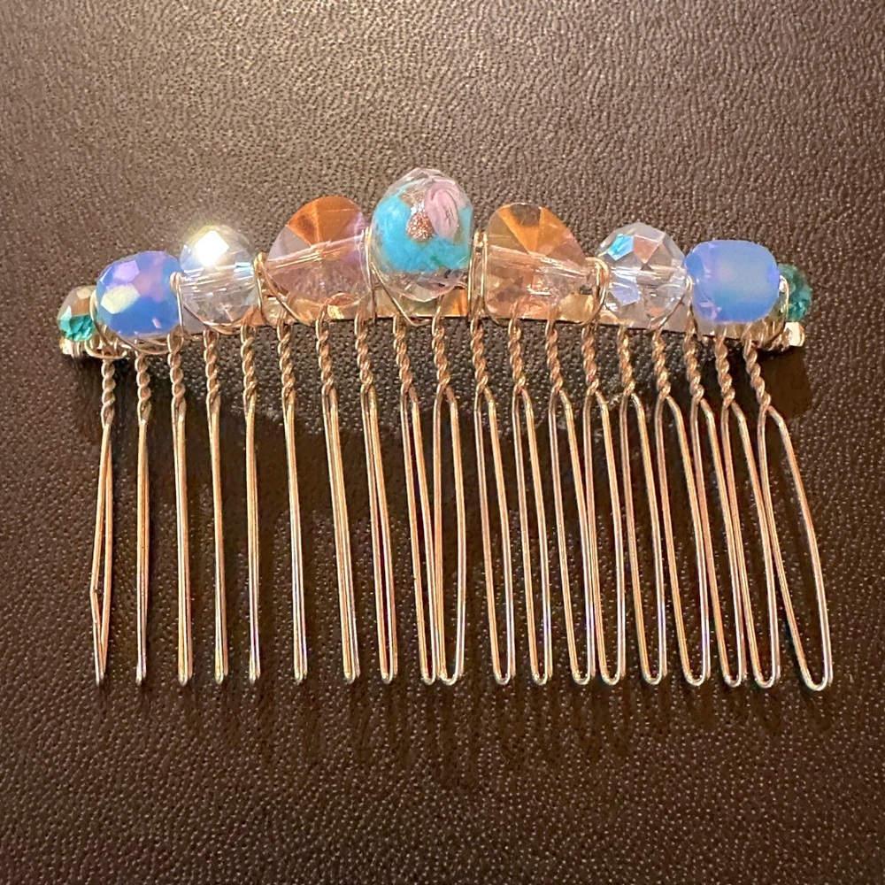 Handmade Blue & Pink, Roses & Hearts Glass & Crystal Hair Comb Light Gold